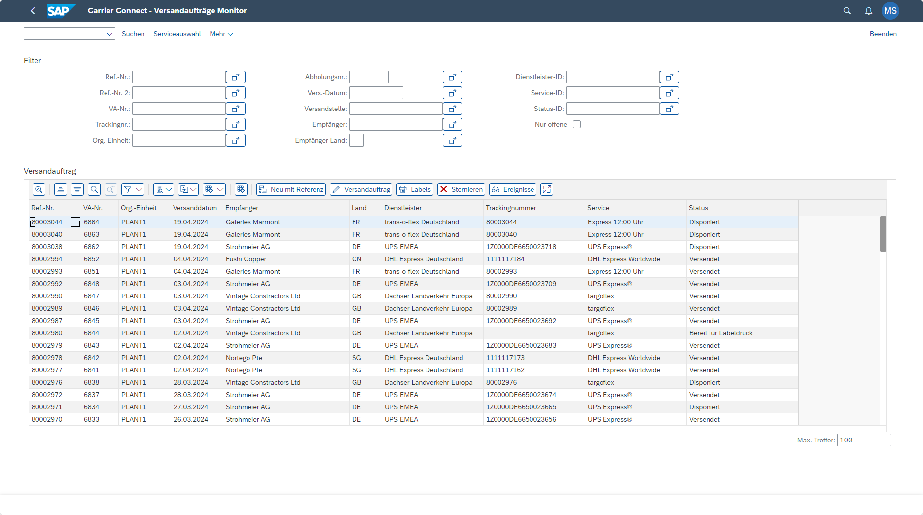 screenshot of AEB Carrier Cloud for SAP
